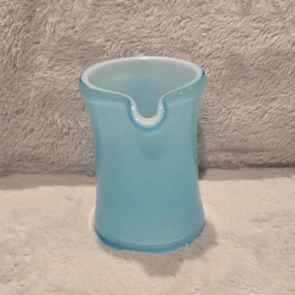 Vtg Fenton Blue Opalescent Glass Creamer Pitcher w/ Bamboo Style Applied Handle